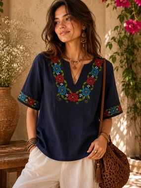 Mexico crochet boxy navy floral top M/L cuff/sleeve bohemian cottage core beach